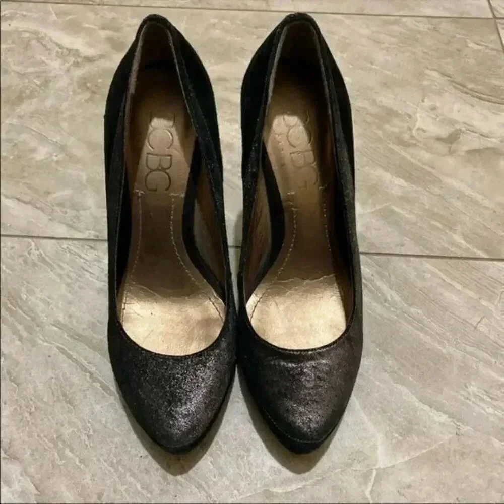 BCBG Black Shimmer Suede Pumps | Classic Pointed Toe Heels